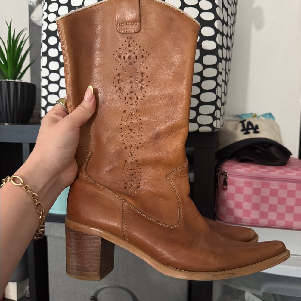 Tan Leather Western Boots - Vintage Zara Spain EUR size 38 (7.5)